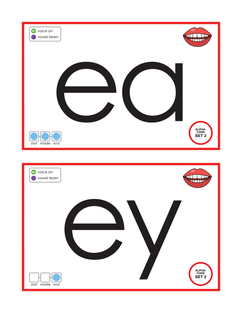 Two sheets with 'ea' and 'ey' phonics letters on a white background